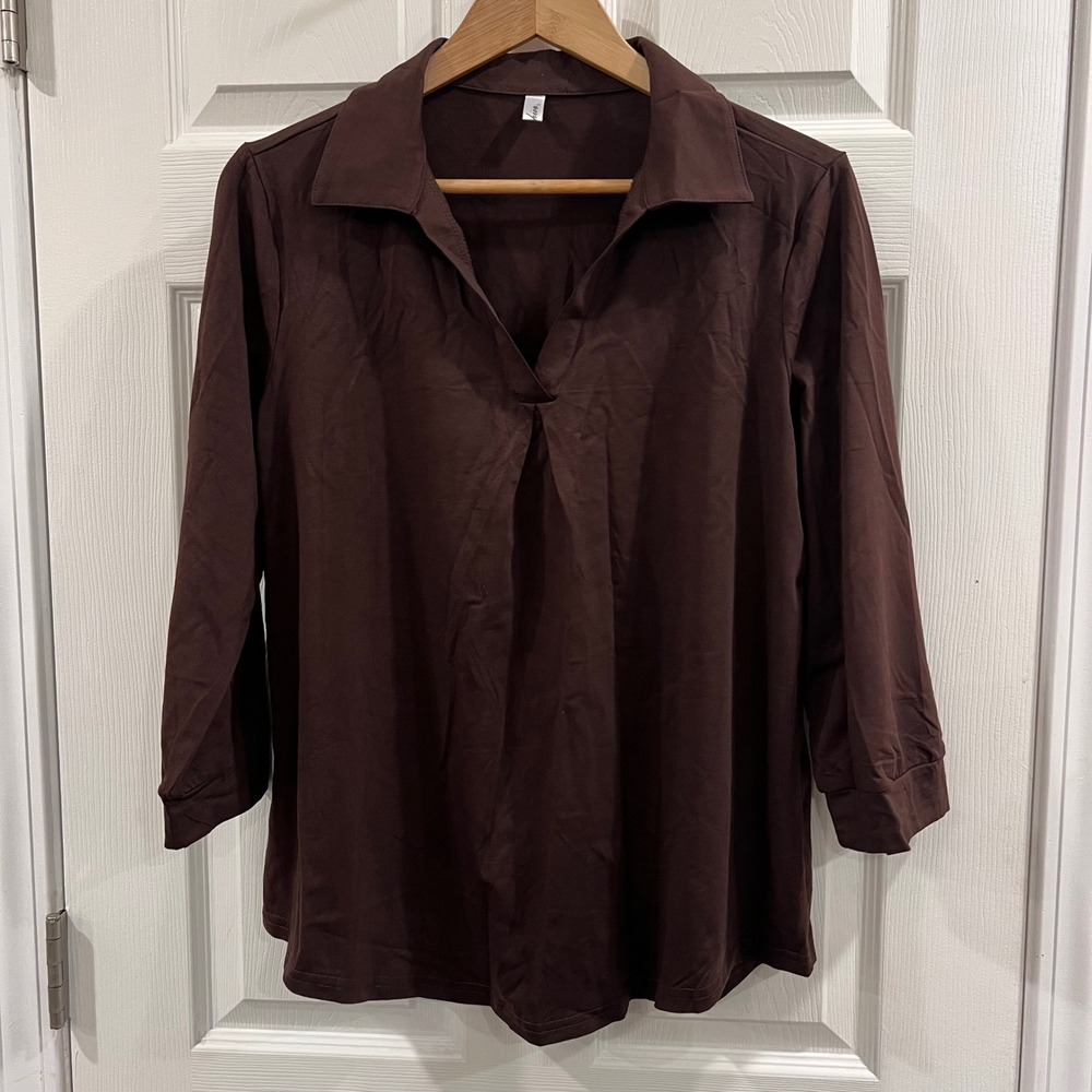 Fashion Women Brown 3/4 Sleeve V-Neck Pleated Knit Blouse Top Large